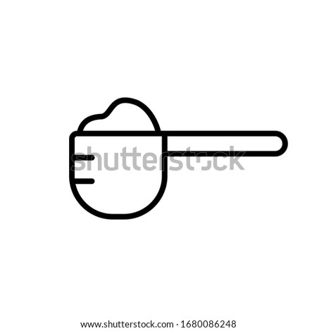 Measuring spoon with portion of dry powder. Linear icon of muscle building protein whey. Black illustration of scoop with sport nutrition, flour, sugar, salt. Contour isolated vector emblem of cooking Royalty-Free Stock Photo #1680086248