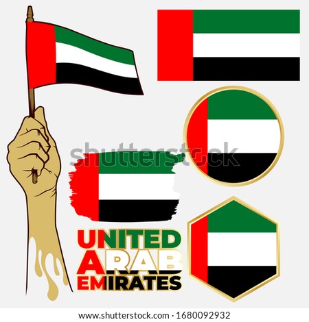 United Arab Emirates flags vector collection. Symbol of nationality with hand holding waving flag. Independence day of country. Emblem, brush shape and typography of United Arab Emirates.