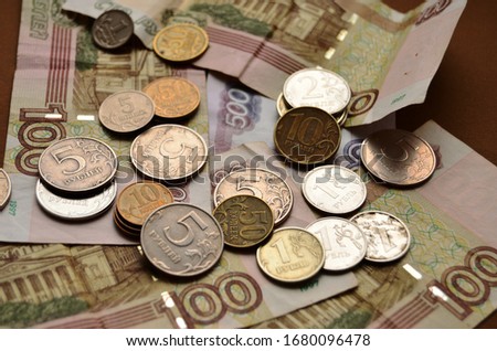 bills and coins rubles view from above horizontal orientation