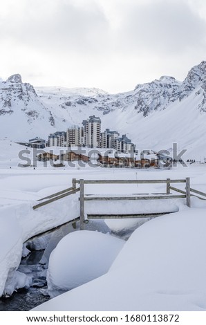 A view of the Grand Motte mountain and alpine village of Val Claret winter