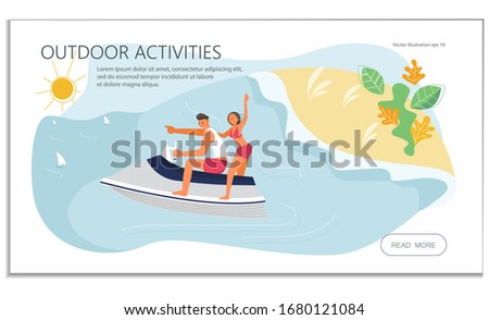Landing web page template with people have summer vacation on sea. A young man and woman race on aquabike. Flat Art Vector Illustration