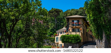 Colorful mediterranean buildings in spectacular vacation resort, Portofino, Liguria, Italy, Europe. Picturesque small town street view.