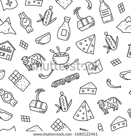 Black and white seamless pattern with doodle outline Switzerland travel icons including cheese, chocolate, cable car, train, Alpine mountains, house chalet, fondue etc isolated on white background.