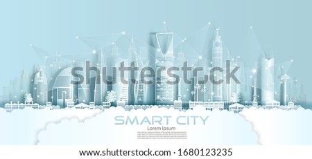 Technology wireless network communication smart city with architecture in Saudi Arabia downtown skyscraper on blue background, Vector illustration futuristic green city and panorama view. Royalty-Free Stock Photo #1680123235