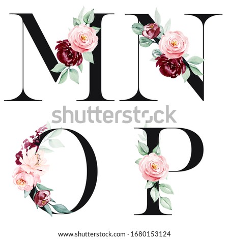 Floral alphabet, letters set with watercolor flowers and leaf. Monogram initials perfectly for wedding invitation, greeting card, logo, poster and other design. Hand painting. 