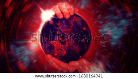 Female hands hold the globe with epicenters of infection Covid 19 with a bright red halo. Concept. Elements of this image furnished by NASA. Concept