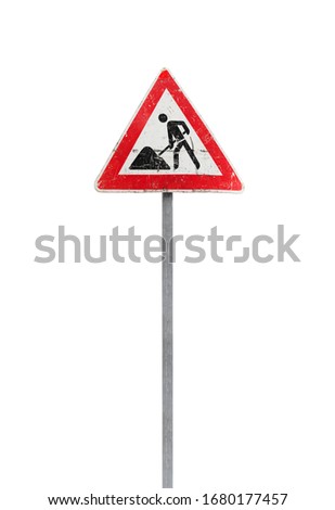 Roadworks, under construction, men at works. Triangle road sign isolated on white background