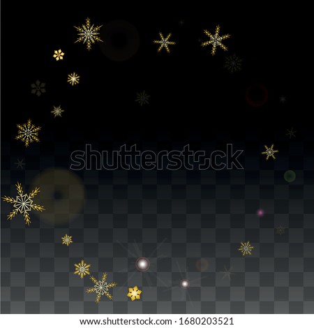 Christmas  Vector Background with Gold Falling Snowflakes Isolated on Transparent Background. Elegance Snow Sparkle Pattern. Snowfall Overlay Print. Winter Sky. Design for  Christmas Sale.