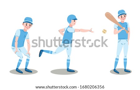 Set of baseball player character in different poses. Vector illustration in flat cartoon style.