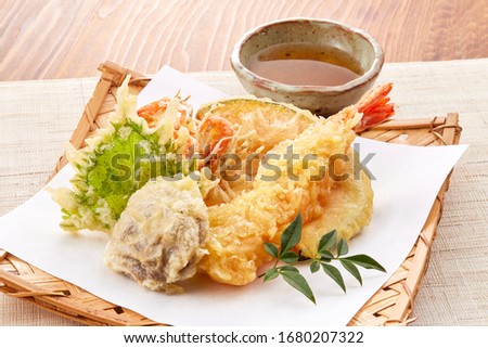 Assorted tempura on plate is Japanese most one of famous food Royalty-Free Stock Photo #1680207322