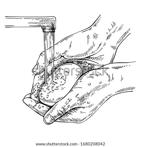 Sketch hands washing. Healthy washing hands, personal hygiene. Hand drawn ink Hands under water. 