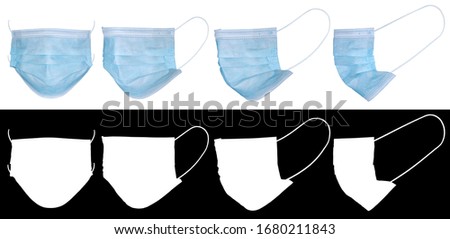 Medical mask isolated mockup on white background, with alpha chanel template. Clipping black and white mask for cut out. Coronavirus protection with clipping path.