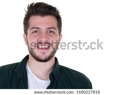 Happy bearded man long beard mustache guy bearded fun smiling aside white copy space background