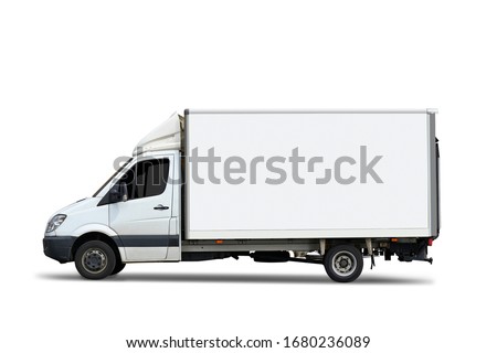 Italian delivery truck in motion on forest road. Ther is a path for the Cabin and the bilboard Royalty-Free Stock Photo #1680236089