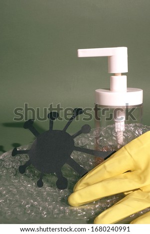 soap and alcohol solution. virus protection. quarantine for security. coronovirus.latex gloves