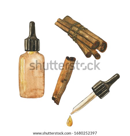 Essential oil of cinnamon in glass brown bottle isolated on white background. Watercolor hand drawing illustration. Clip art for medicine, healthy food, covers, cards.