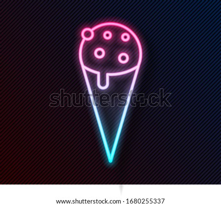 Glowing neon line Ice cream in waffle cone icon isolated on black background. Sweet symbol.  Vector Illustration