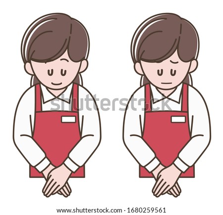Woman in red apron bowing, Vector illustration set
