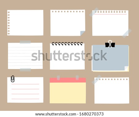 set of cute hand drawn, blank ripped paper sheet sticky note pad with tape, speech bubble balloon think, speak, talk, template, text box banner frame, flat design, vector, illustration