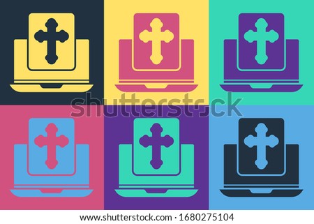 Pop art Cross on the laptop screen icon isolated on color background.  Vector Illustration