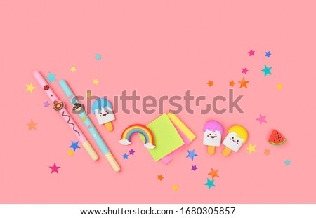 colorful school stationery on pink background. back to school or vacation concept, children's creativity, hobby, leisure, education, study concept. minimal kawaii style. Flat lay. copy space Royalty-Free Stock Photo #1680305857