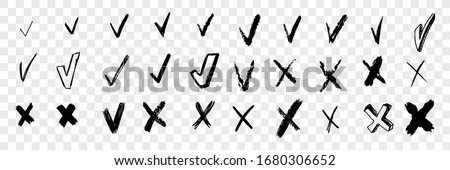 Brush hand drawn checkmarks and crosses set collection. Pencil pen ink or brush hand drawn checkmarks and little crosses. Doodle sketches isolated on transparent background. Vector illustration