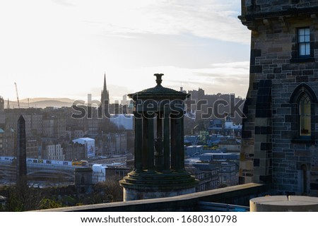 View from top of Calton hill to old part of Edinburgh, capital of Scotland in winter