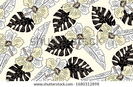vintage tropical flowers with leaves pattern. hand draw tropical flower, blossom cluster pattern background