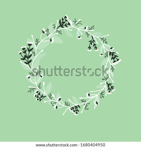 Flower wreath of hand drawn illustration Design element for invitations, greeting cards, posters, logo or wedding frames on green background