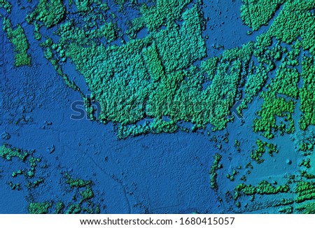 Digital elevation model of a forest area. GIS product made by aerial mapping from a drone. Lidar scan and multispectral camera gives NDVI and NIR effect. Royalty-Free Stock Photo #1680415057