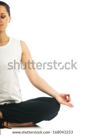 Yoga seria: woman in lotus yoga position with ohm mudra gesture isolated on white background