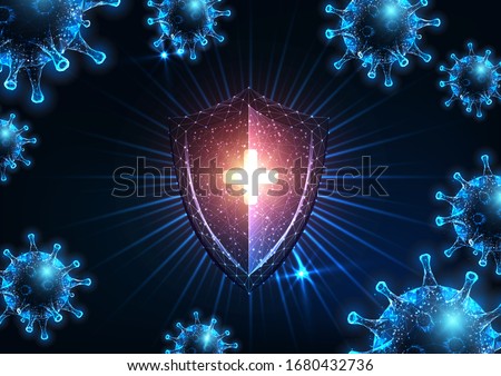Futuristic immune system protection from infectious coronavirus covid-19 disease with glowing low polygonal shield and virus cells on dark blue background. Modern wire frame mesh design vector image Royalty-Free Stock Photo #1680432736