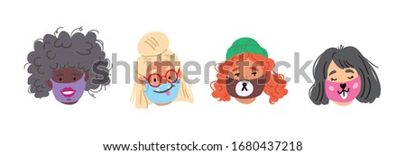 Set of people faces wearing cute breathing face masks. Cute stylish collection of breathing face masks with smiling faces. Modern covid-19 concept illustration of people social isolation. coronavirus