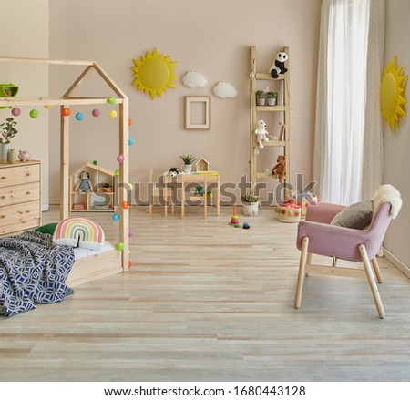 House bed and Montessori wooden object style, young room, carpet window and cabinet interior.