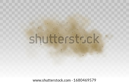 Flying sand. Brown dusty cloud or dry sand flying with a gust of wind, sandstorm. Dust cloud. Scattering trail on track from fast movement. Brown smoke realistic texture vector illustration.