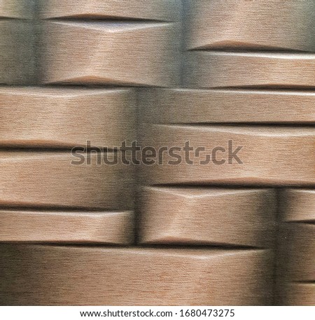 Brown ceramic tile with geometric pattern for wall decor. Concrete stone surface background. Volume texture for interior design project.