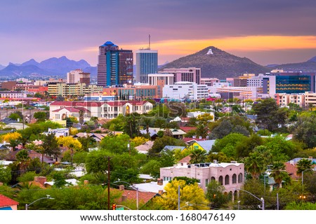 Tucson, Arizona, USA downtown city skyline with mountains at twilight. Royalty-Free Stock Photo #1680476149