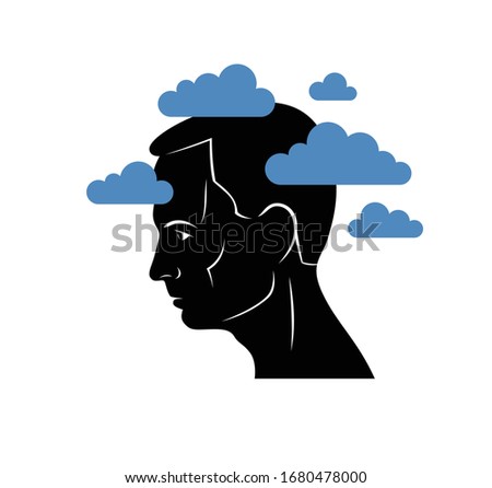 Depression mental health and high anxiety vector conceptual illustration or logo visualized by man face profile and dark clouds over his head. Royalty-Free Stock Photo #1680478000