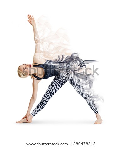 Sporty woman in yoga posture decay with smoke. Over white background.