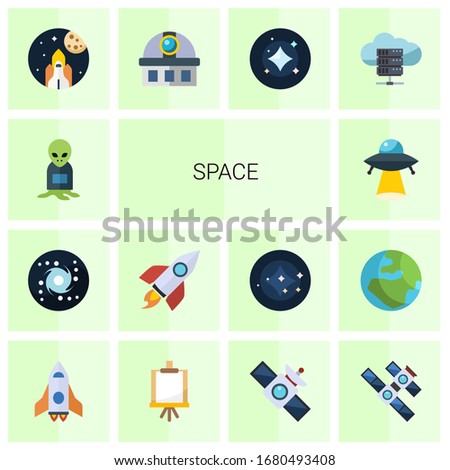 14 space flat icons set isolated on white background. Icons set with alien, galaxy, rocket, ufo, space exploration, observatory, stars, e-Book, spaceship, Easel, satellite icons.