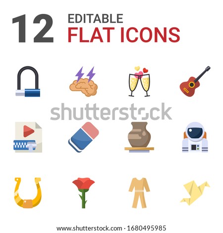 12 art flat icons set isolated on white background. Icons set with Bike padlock, Brain storm, champagne, Video Compression, Eraser, Guitar playing, horseshoe, rose, pyjamas icons.
