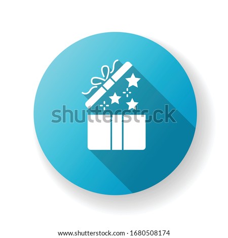 Gift blue flat design long shadow glyph icon. Open present. Surprise in festive box. Party item. Special prize. Decoration with ribbon and confetti. Give away. Silhouette RGB color illustration
