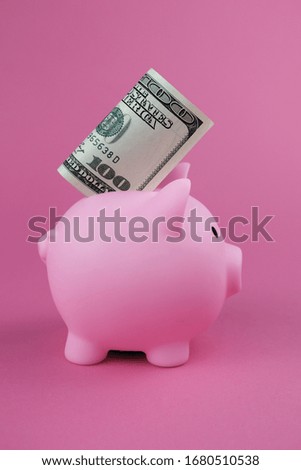 Pink piggy bank with 100 dollar in it on the pink background.Concept of saving money, investment, banking or business services
