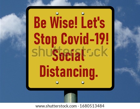 Road sign note with importance of Social Distancing. Yellow sign plate. COVID-19 label. Infectious virus hazard prevention concept. On other name Coronavirus. illustration style raster image. blue sky