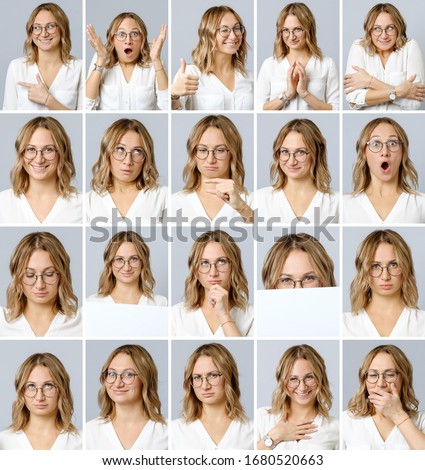 Collage of beautiful woman with different facial expressions and gestures isolated on gray background. Set of multiple images Royalty-Free Stock Photo #1680520663