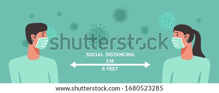man and woman character wearing surgical or medical face mask maintain social distancing to prevent from virus spreading and flu prevention. coronavirus, social isolation and self quarantine concept. Royalty-Free Stock Photo #1680523285