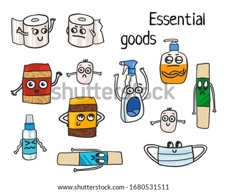 vector illustration of essential goods, purchase of goods in quarantine in an epidemic. important products for survival and fighting the virus epidemic