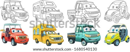 Coloring pages. Golf and micro cars, recreational vehicle, van. Cartoon clipart set for kids activity colouring book, t shirt print, icon, logo, label, patch or sticker. Vector illustration.