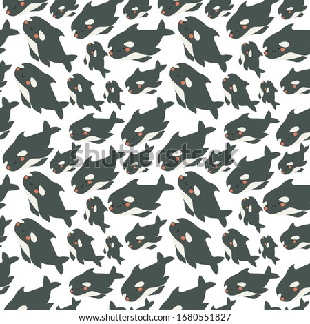 Cute flat killer whale seamless pattern. Adorable little cartoon orca vector illustration. Childish ornament for textile, fabric, print, wallpaper, wrap paper