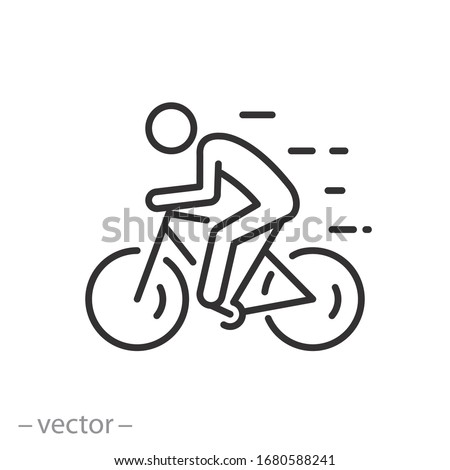 biker icon, ride bicycle, concept travel and tourism, mountain cyclist, thin line web symbol on white background - editable stroke vector illustration eps10